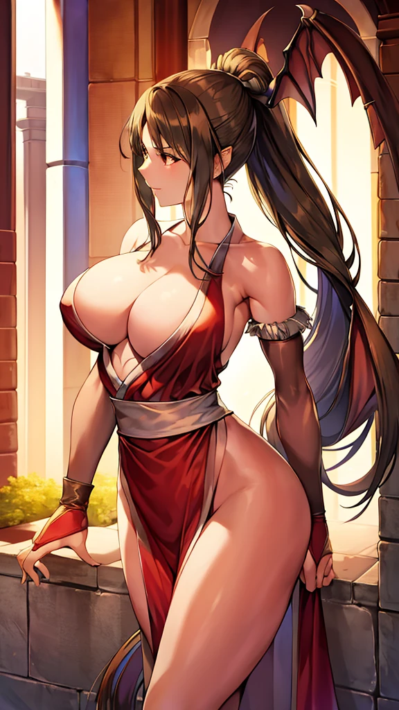 masterpiece, best quality, highres, 1girl, solo, morrigan aensland, mai shiranui, brown eyes, long hair, brown hair, white ribbon, sleeveless, ponytail, sash, pelvic curtain, arm guards, gloves, tabi, happy, cowbow shot, city street
