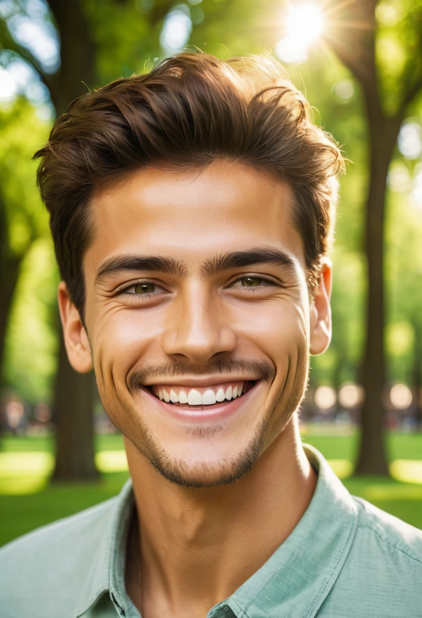 A young man smiled broadly with sparkling eyes in the bright atmosphere of the park. This man's eyes are light brown, reflecting genuine joy and happiness. The background features shady green trees, adding a cheerful atmosphere. This image was captured in high resolution with dimensions of 6465 x 4301 pixels.