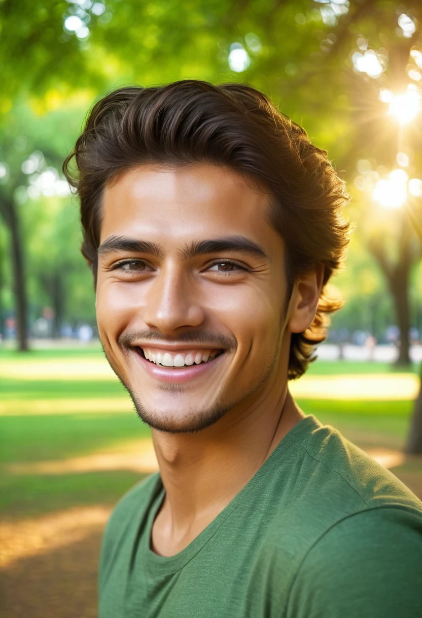 A young man smiled broadly with sparkling eyes in the bright atmosphere of the park. This man's eyes are light brown, reflecting genuine joy and happiness. The background features shady green trees, adding a cheerful atmosphere. This image was captured in high resolution with dimensions of 6465 x 4301 pixels.