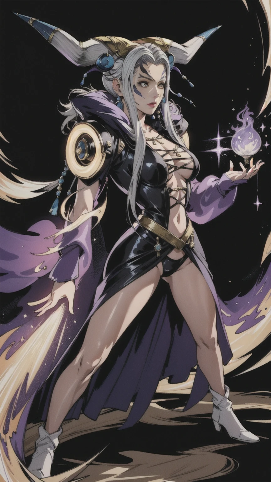 masterpiece, hyperrealistic, best quality, full body image, combat stance, (ultimecia from ffviii), horns, facial markings, white hair, time sorceress ultimecia's dress, purple magical energy around her