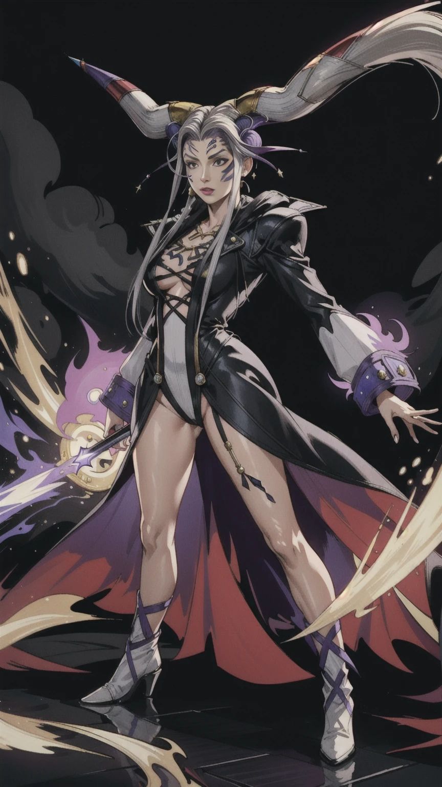 masterpiece, hyperrealistic, best quality, full body image, combat stance, (ultimecia from ffviii), horns, facial markings, white hair, time sorceress ultimecia's dress, purple magical energy around her