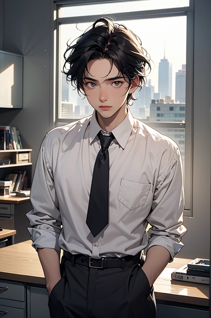 A handsome man in his 20s wearing a business suit is inside his office during the day, looking distressed and perplexed as if he has been asked to do something unreasonable. He has a clean-cut, neatly styled short hairstyle. He is holding his forehead with one hand. The background features a modern office setting with desks and office equipment visible, and bright sunlight streaming through the windows.