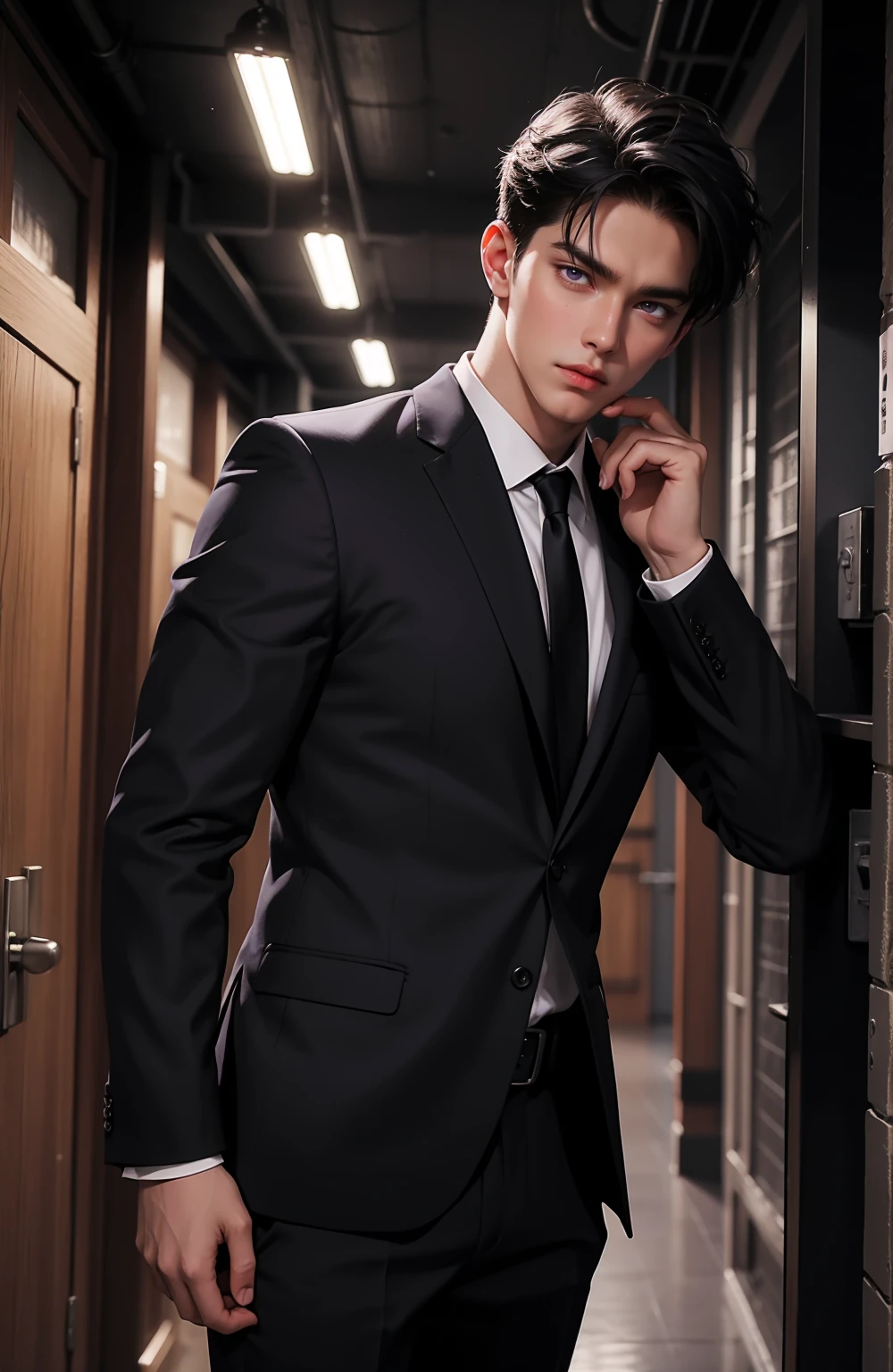 1man,1boy,muscualr,black hair,purple eyes, trained, suit