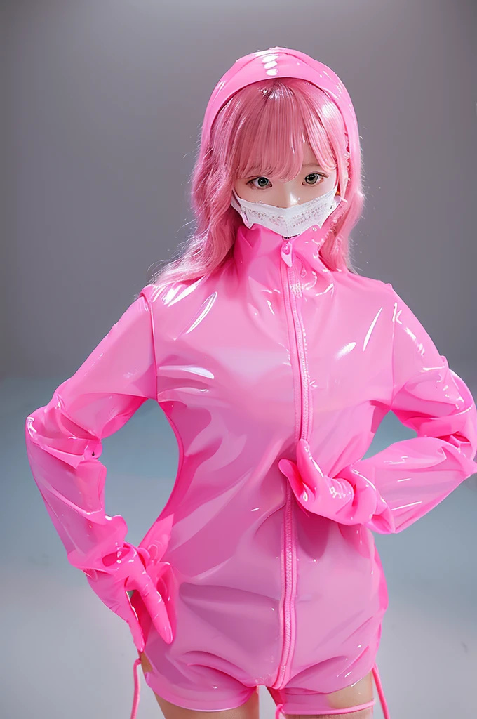 live-action　female kindergartener　Pink rubber suit　Gloss　Enamel Slime　Transparent rain gear　Escape from a mysterious giant maze　Being forced to change into a rubber suit in a large space　rubber gloves　Rubber stockings