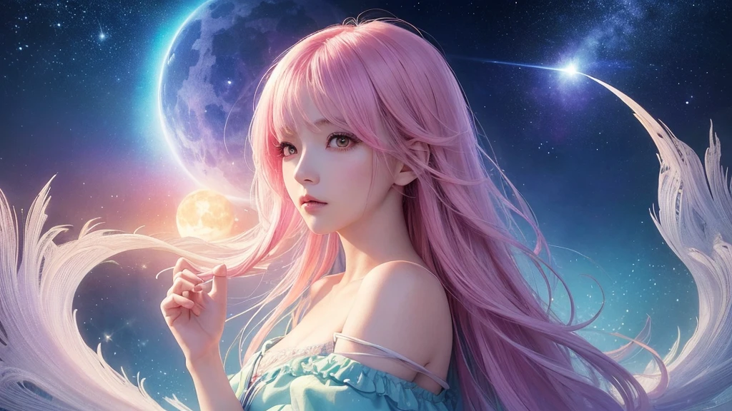 (masterpiece, top quality, best quality,watercolor (medium),official art, beautiful and aesthetic:1.2),(1girl:1.3), (fractal art:1.3),upper body, from side, looking at viewer,patterns,(rainbow color Hair,colorful hair,half blue and half pink hair:1.2),water,liquid, cloud,colorful, starry,stars,,moon,star night, "Generate an image of the character with the background changed to a fantastical night scene, like Orihime, featuring a mystical and dreamlike atmosphere with a luminous moon, sparkling stars, and an ethereal glow."Beautiful girl,Side ,
,Downcast eyes,Sleepy,About to fall asleep
