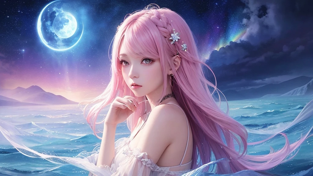 (masterpiece, top quality, best quality,watercolor (medium),official art, beautiful and aesthetic:1.2),(1girl:1.3), (fractal art:1.3),upper body, from side, looking at viewer,patterns,(rainbow color Hair,colorful hair,half blue and half pink hair:1.2),water,liquid, cloud,colorful, starry,stars,,moon,star night, "Generate an image of the character with the background changed to a fantastical night scene, like Orihime, featuring a mystical and dreamlike atmosphere with a luminous moon, sparkling stars, and an ethereal glow."Beautiful girl,Side ,
,Downcast eyes,Sleepy,About to fall asleep
