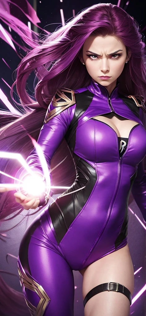 A powerful and authoritative woman, dressed in a purple suit, representing the ENTJ (Commander) MBTI personality type. She is depicted with an intense and furious expression, showing strong anger. Her posture and body language are assertive and commanding, emphasizing her leadership qualities. The background should be dramatic and intense, such as a corporate office with a tense atmosphere, highlighting her dominant and formidable presence. The colors should be vivid, with the purple of her attire standing out to emphasize her personality type.