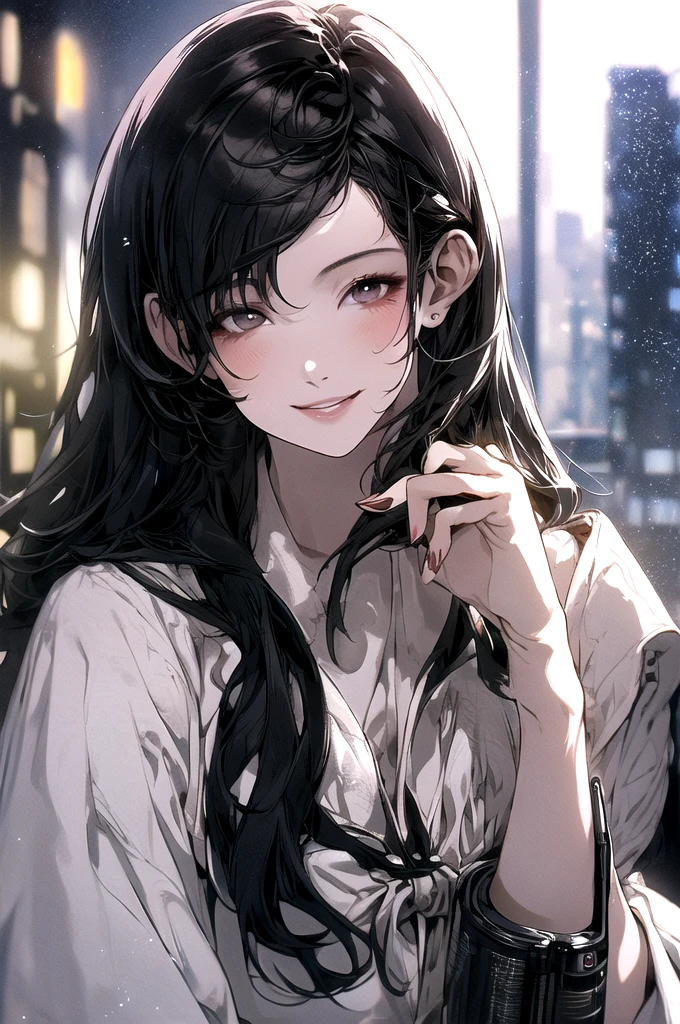 1 girl, mature woman, black eyes, light pink lips, Long black hair, Nice smile, haleco, bow, Best Quality, Hire, detailed face, office, buildings from the window, detailed background, diffuse sunlight, depth of field, bokeh, holding a gun.
