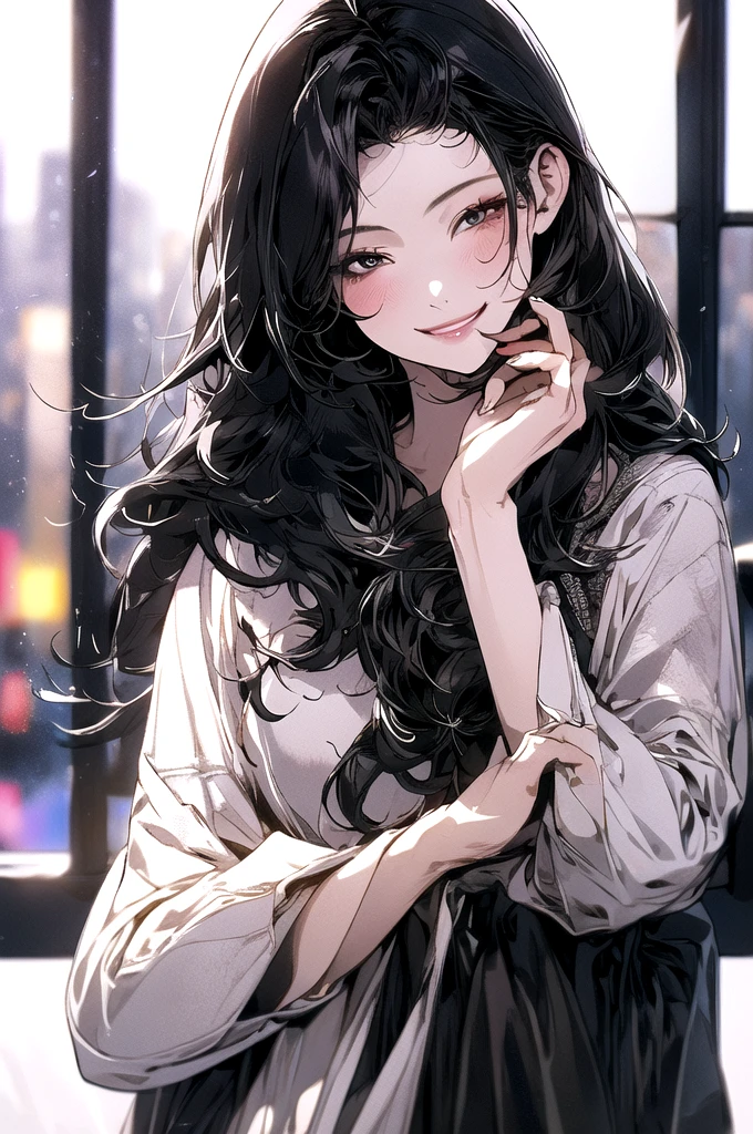 1 girl, mature woman, black eyes, light pink lips, Long black hair, Nice smile, haleco, bow, Best Quality, Hire, detailed face, office, buildings from the window, detailed background, diffuse sunlight, depth of field, bokeh, holding a gun.
