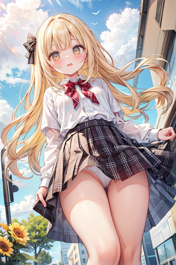 masterpiece, best quality,
1girl, view from below,
the wind blows up the plaid skirt, summer , white panties, yellow hair, surprised face, blush,
downtown area,