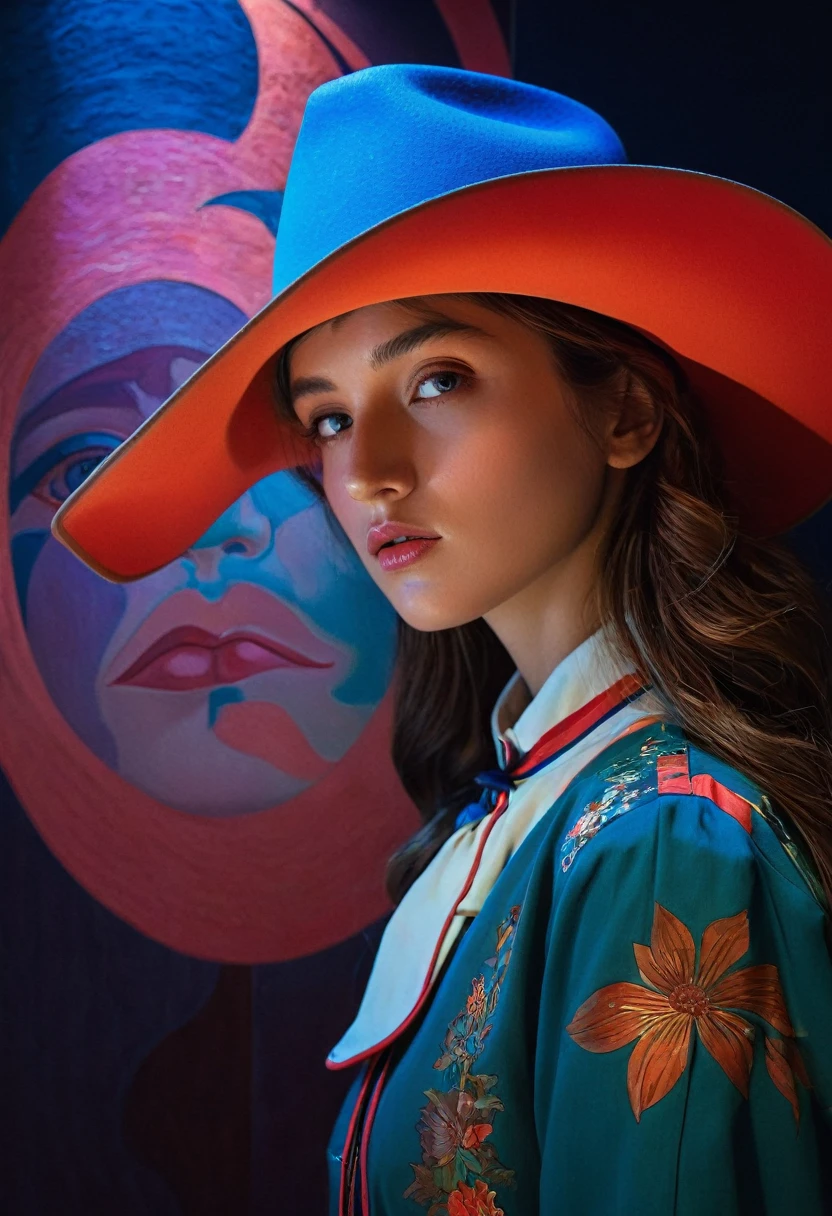 (Front Focus), (In the Dark: 1.6), Surrealist female portraits by David Hockney and Alphonse Mucha, Perfect Beauty 1:1. Fantasy Art, Photographic realism, Dynamic Lighting, Art Station, Poster, Volumetric lighting, Highly detailed face, 4k yen, Awards, One girl, In the Dark, Deep Shadow, Modest, Cowboy Shot, (Official Uniform: 1.4), Long Hair,
