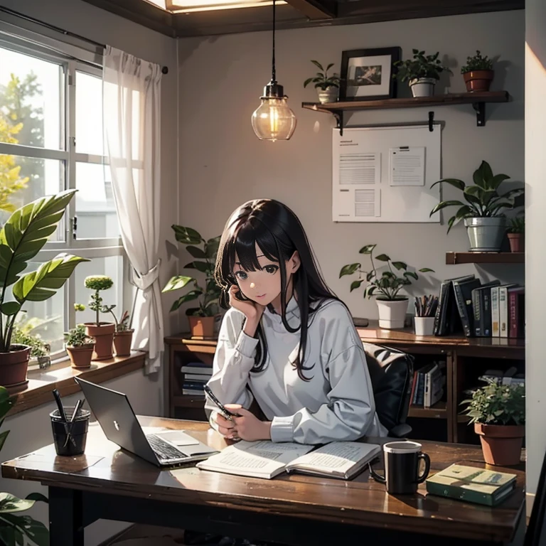 A person sitting at a desk, working on a laptop. The desk has a cup of coffee, some books, and a potted plant. The background is a cozy home office with warm lighting.