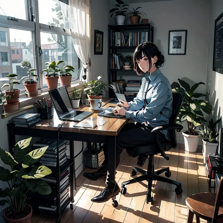 A person sitting at a desk, working on a laptop. The desk has a cup of coffee, some books, and a potted plant. The background is a cozy home office with warm lighting.