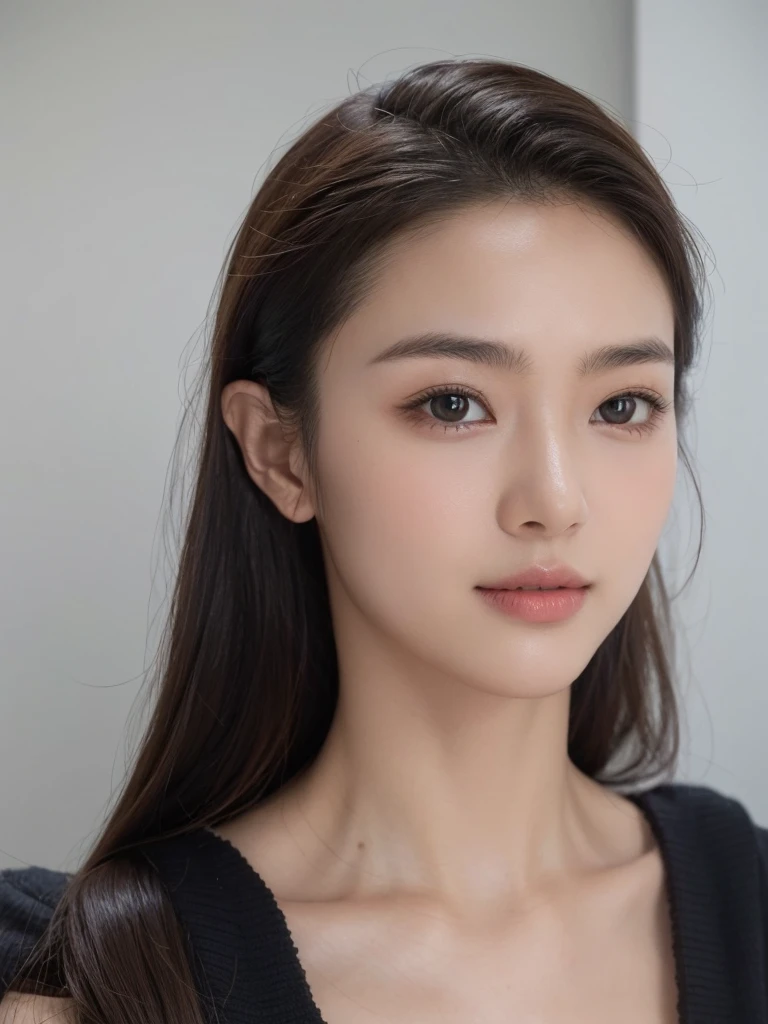 lifelike,Professional photography,8K,1 Chinese Girl,独奏,20 years old,Smile,Looking at the camera,Ultra-clear,reality,Highly detailed face and skin textures,reality skin,Natural skin,Delicate and textured,Delicate lips,Thin and curved eyebrows,Natural picture reality,portrait, Front view, Upper Body, Exposed forehead, Studio light, Natural makeup, No makeup, visible pores, Brown hair,The forehead is not covered by hair,Ears exposed,Hair does not cover eyebrows,Eyebrows are not covered by hair,Hair does not cover the face,masterpiece,indoors,Wear cool summer clothes。