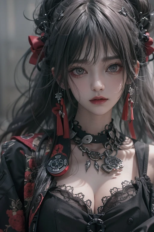 Highest quality、8K、masterpiece：1.3、Gothic Punk、The inside  is red、Gray Black Hair、hair ornaments、Beautiful girl、creative、Punk Style、Neogoth、Goth Fashion：0.8、High resolution、masterpiece、Highest quality、頭w:1.3、((Hasselblad Photos))、Fine skin、Sharp focus、(Cinematic lighting)、shirt, Shoulder out, With modest breasts 