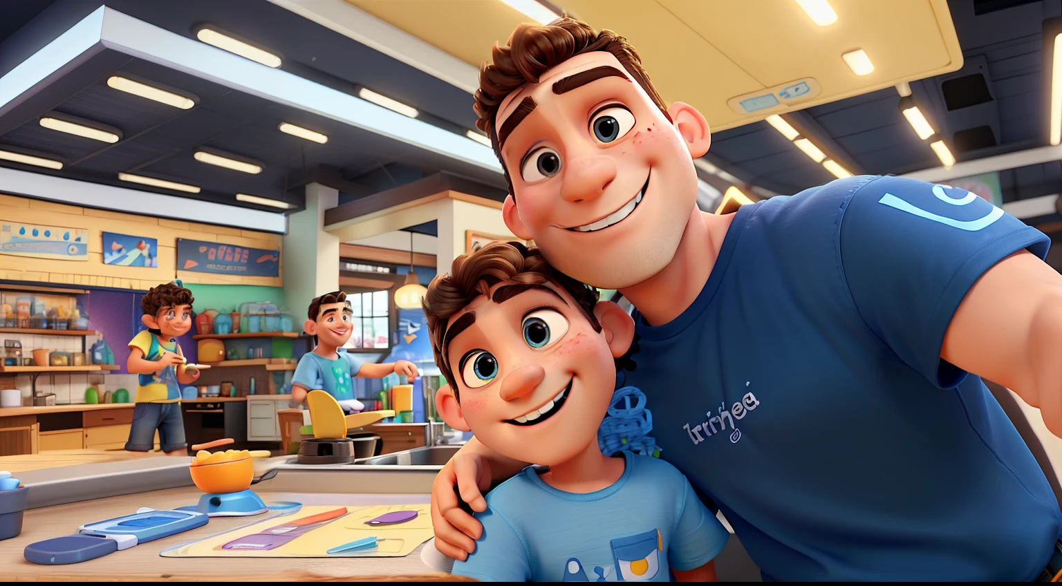 3D pixar image of a brunette man with shaved hair, shaved beard, Grinning, blue t-shirt and a 5 year old pixar, white, short curly hair, smiling