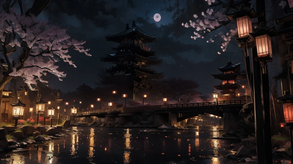 Kyoto、Streetscape、Fantasy、night、moon、cherry blossomachiya、Early 20th century Japanese cityscape、Old city、