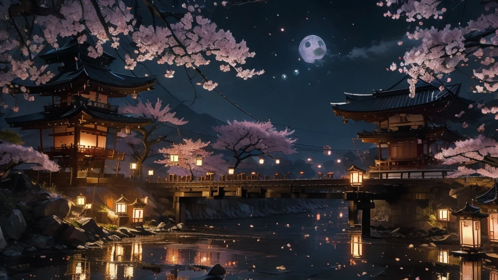 Kyoto、Streetscape、Fantasy、night、moon、cherry blossomachiya、Early 20th century Japanese cityscape、Old city、