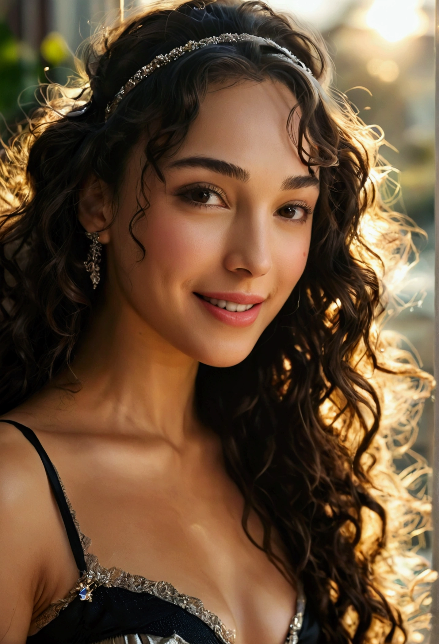Gal Gadot、a smile、Female sexy、Black very tiny miniskirt, silk pantyhose, very long puffy curly hair, head band, high heels, sun shiny day
