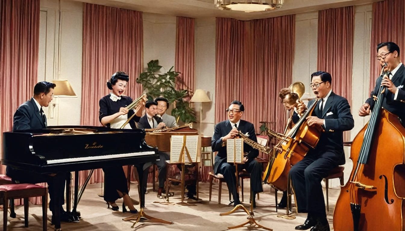 Jazz band playing in the room、womanは美peopleで色っぽい、1950s、Design drawings from the 50s、Each one is playing an instrument、woman3people、There is movement、woman3people、