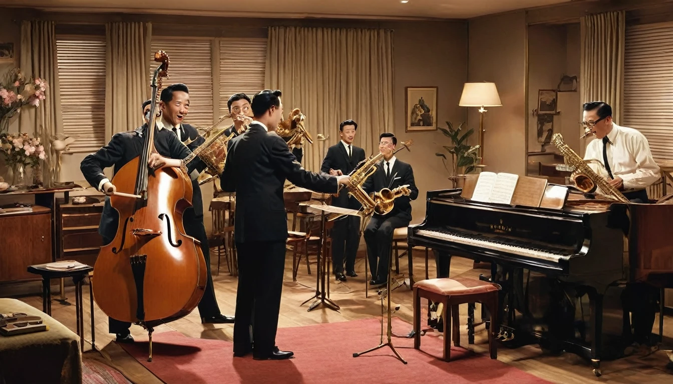 Jazz band playing in the room、womanは美peopleで色っぽい、1950s、Design drawings from the 50s、Each one is playing an instrument、woman3people、There is movement、woman3people、