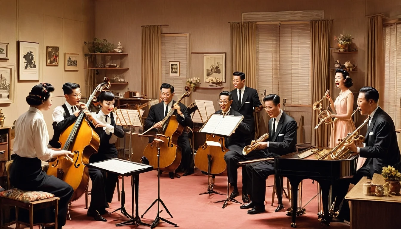 Jazz band playing in the room、womanは美peopleで色っぽい、1950s、Design drawings from the 50s、Each one is playing an instrument、woman3people、There is movement、woman3people、