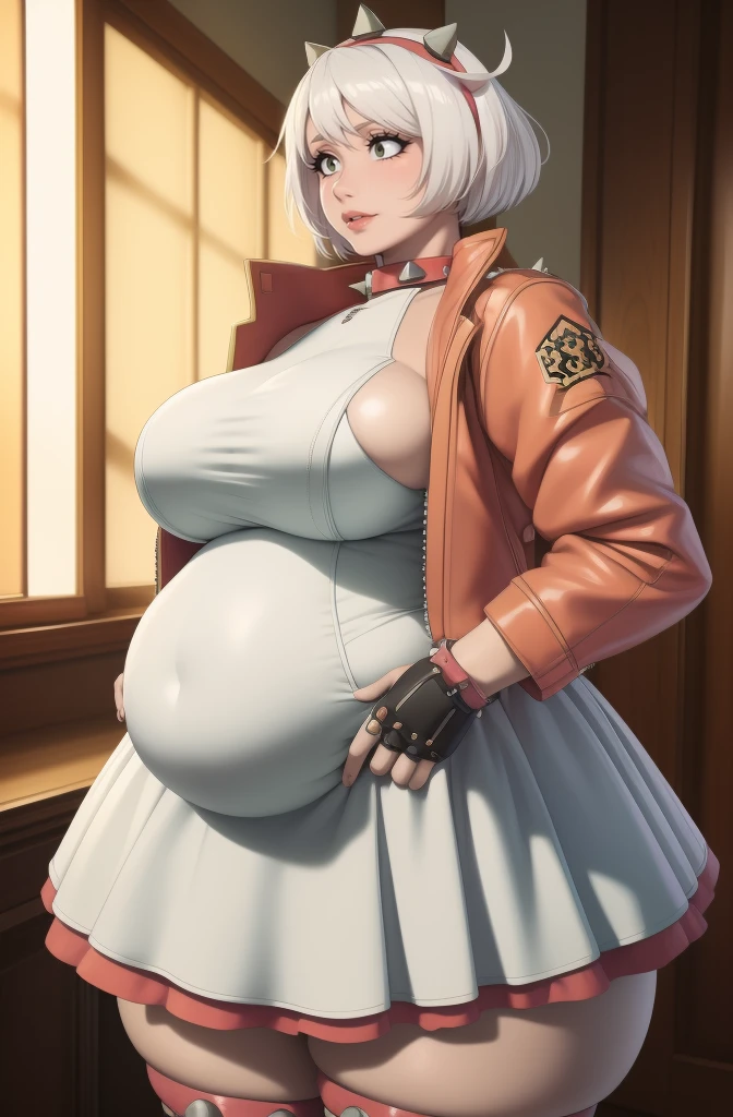 (best quality,4k,8k,highres,masterpiece:1.2), ultra-detailed, (realistic,photorealistic,photo-realistic:1.37), HDR, UHD, studio lighting, ultra-fine painting, sharp focus, physically-based rendering, extreme detail description, professional, vivid colors, bokeh, portraits, photography, (best quality,masterpiece:1.3), (mature woman, milf), (tall:1.2), anime, masterpiece, beautiful eyes, best quality, detailed face, 1girl, solo, beautiful, striveelphelt, ahoge, hairband, jacket, dress, fingerless gloves, thighhighs, spiked collar, spiked bracelet, cowboy shot, huge breasts, huge belly, bloated belly, stuffed belly, plump, chubby, curvy, chubby girl, belly, big belly, fat belly, soft shading, detailed, semi-realistic, sciamano240