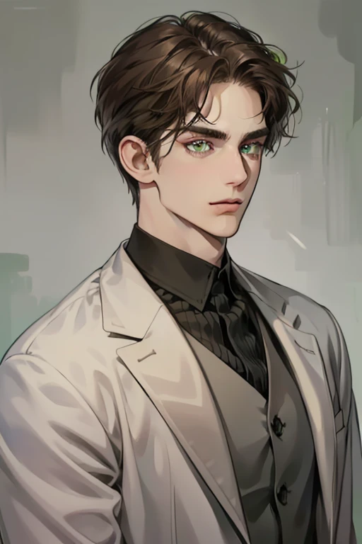 masterpiece, best quality, realistic, 1man, mature male, quiet and charming young man, 35 year old, serious look, closed mouth, portrait, extremely detailed face, cold smile, ((green grey eyes)), ((short-right-swept dark brown hair)), [thick eyebrows], ((suit)), handsome, full body, western, Jewish, light brown skin,
