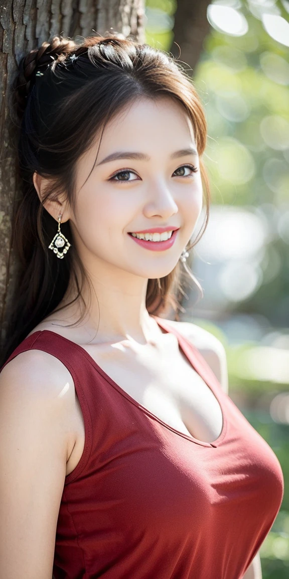 8K picture quality、high resolution、Realistic skin texture、high resolutionの瞳、Miss、 (A girl in the forest),、Sleeveless knitted shirt、Princess hairstyle、Thin、、Large Breasts、(a charming smile:1.2), Brown hair、Thin脚、Large target、Sweat accumulates on the chest、Comb your hair up