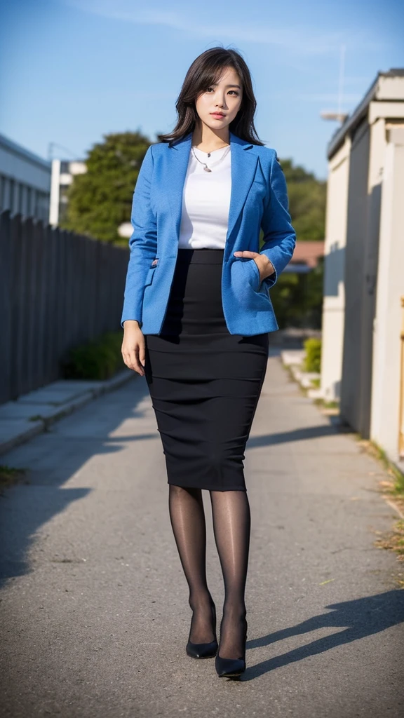 (masutepiece,High quality,16k:1.1),(depth of fields:1.3) ,((front body:1.35)),Japanese ,Woman, ((business suit,black pencil skirt, blue jaket)), tights,huge breasts, voluptuous, thicc, curvy,(Looking at Viewer:1.3),(full body shot:1.2),(Beautiful Morning view of town:1.2),