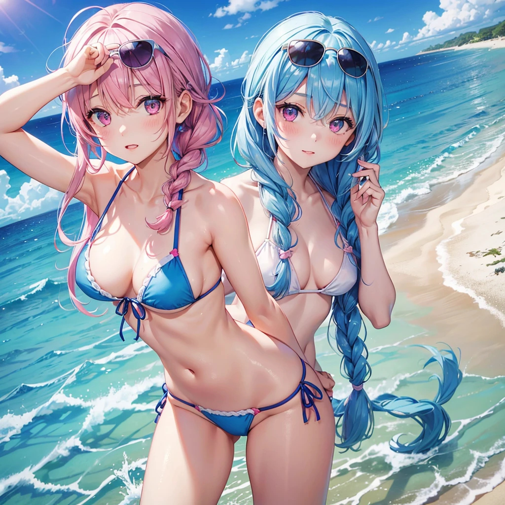 (Sky blue medium hair),(Braided hair tied together)、Pink eyes、Fair skin、(whole body)、(One Girl)、bikini、Sunglasses on head、Shining white sand beach in midsummer、Okinawa's ocean、A happy smile、、(masterpiece、Highest quality、Very detailed、Best Shadow)、(Detailed Background)、(Beautifully detailed face)、High contrast、(Best lighting、Very delicate and beautiful)、((Cinematic Light))、colorful、Hyper Detail、Dramatic Light、Exquisite detail、Standing with your legs apart