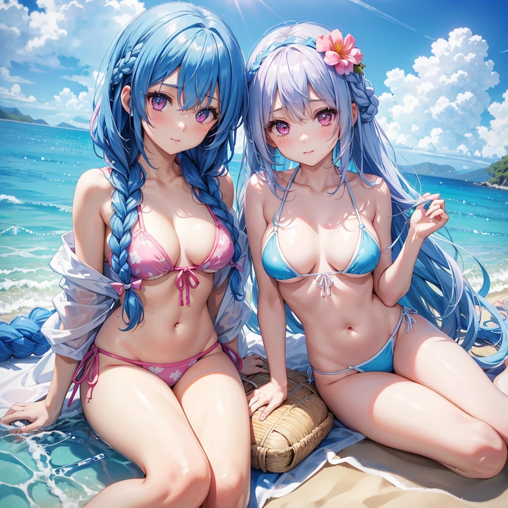 (Sky blue medium hair),(Braided hair tied together)、Pink eyes、Fair skin、(whole body)、(One Girl)、bikini、Sunglasses on head、Shining white sand beach in midsummer、Okinawa's ocean、A happy smile、、(masterpiece、Highest quality、Very detailed、Best Shadow)、(Detailed Background)、(Beautifully detailed face)、High contrast、(Best lighting、Very delicate and beautiful)、((Cinematic Light))、colorful、Hyper Detail、Dramatic Light、Exquisite detail、Standing with your legs apart