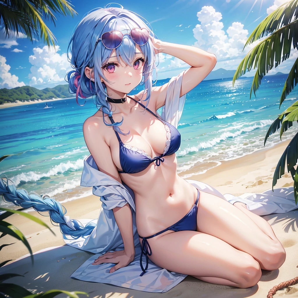 (Sky blue medium hair),(Braided hair tied together)、Pink eyes、Fair skin、(whole body)、(One Girl)、bikini、Sunglasses on head、Shining white sand beach in midsummer、Okinawa's ocean、A happy smile、、(masterpiece、Highest quality、Very detailed、Best Shadow)、(Detailed Background)、(Beautifully detailed face)、High contrast、(Best lighting、Very delicate and beautiful)、((Cinematic Light))、colorful、Hyper Detail、Dramatic Light、Exquisite detail、Standing with your legs apart