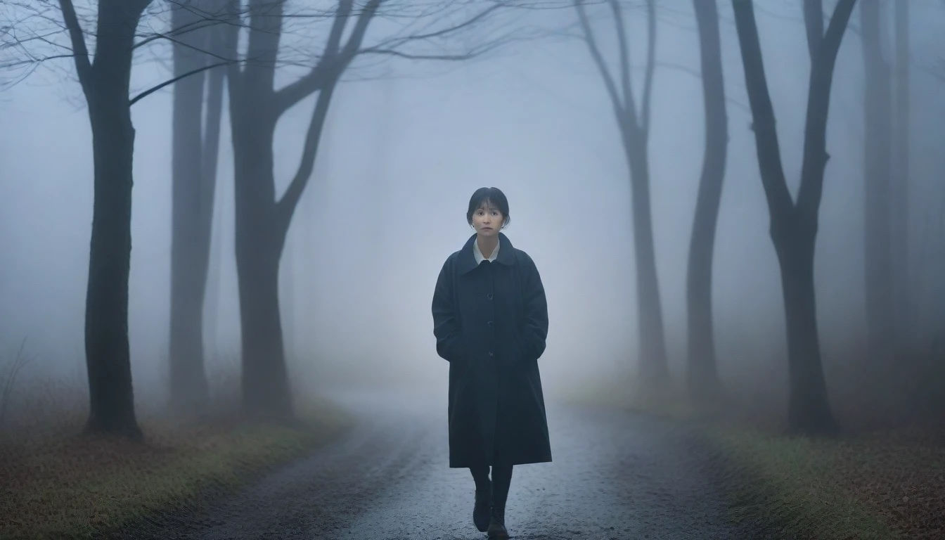 1 36-year-old Korean woman, Short hair, black coat, alone, rain, Fog, cold, boring, Walking on a path in the forest., The dim light shines in the Fog,and the figure stands in the Fog holding ,drizzling, (명암대rain, cinematic lighting, shadow, film grain, anatomically correct, accurate, Awards, 8K) realistic photo, Full body shot with Canon camera 16-35 wide angle lens, natural appearance, Faintly visible