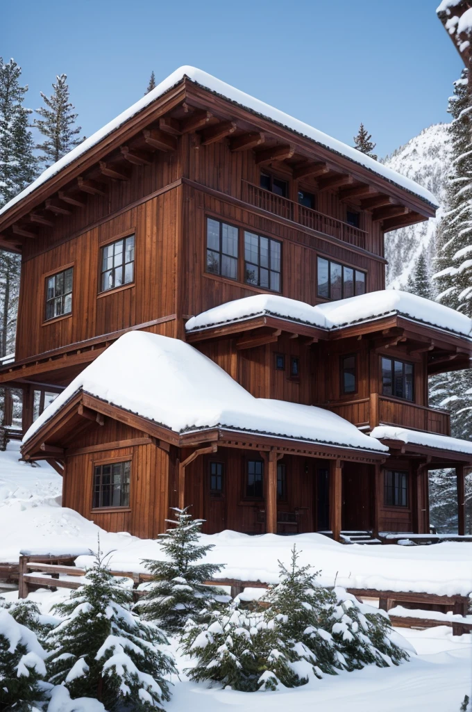 Big wooden house on a snowy mountain