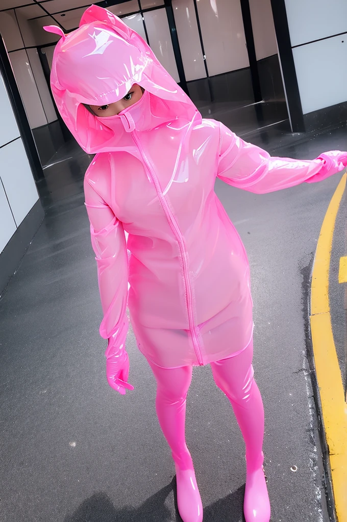 live-action female kindergartener Pink rubber suit Gloss Transparent rain gear Escape from a mysterious giant maze Being forced to change into a rubber suit in a large space rubber gloves Rubber stockings