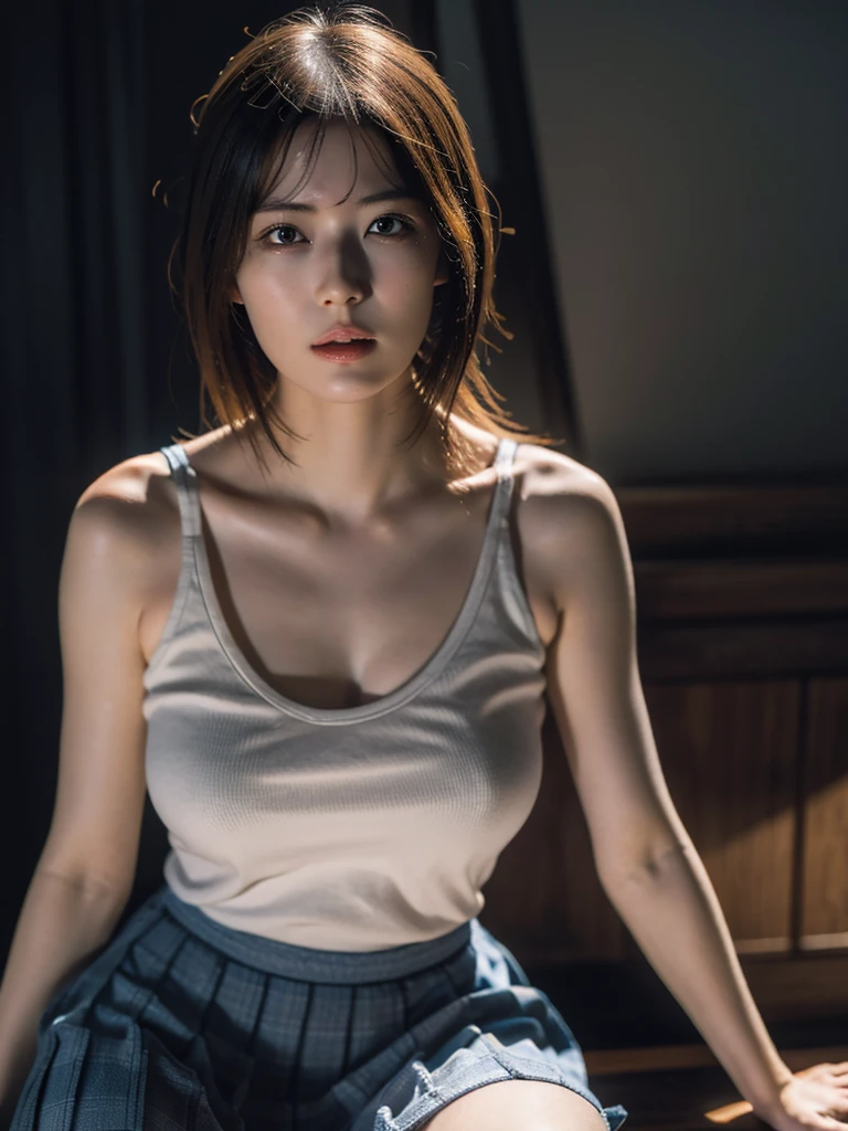 1girl, woman, masterpiece, best quality, highest quality, cinematic lighting, (volumetric lighting), extremely detailed CG unity 8k wallpaper, focused, 8k wallpaper, extremely detailed, ultra realistic, photorealistic, sharp focus, absurdres, (HDR:1.2), (high contrast), photograph, detailed and intricate, instagram, portrait, highly detailed, digital painting, artstation, concept art, smooth, sharp focus, illustration, cinematic lighting, (whole body:1.2), Big Breast, Tanktop, short skirt, Thigh, natural breast