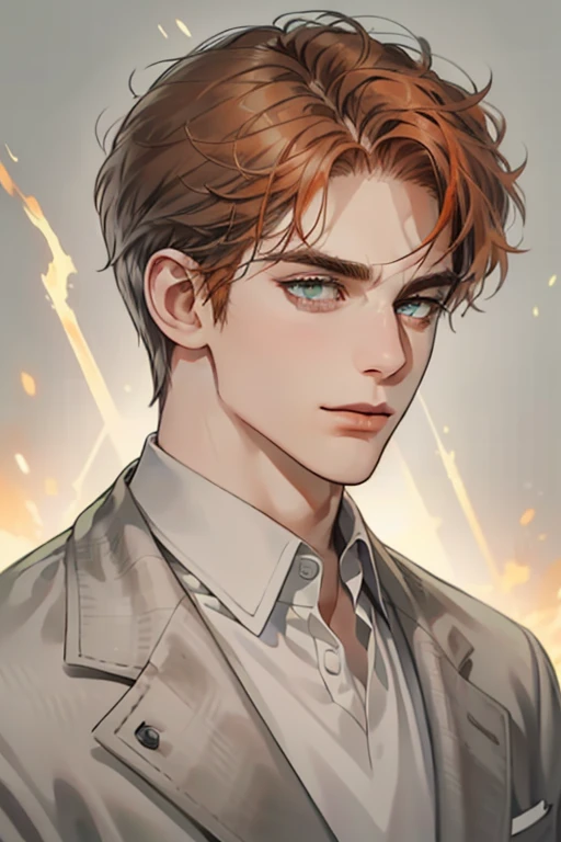 masterpiece, best quality, realistic, 1man,  male, quiet and charming young man, 35 year old, serious look, closed mouth, portrait, extremely detailed face, cold smile, ((green grey eyes)), ((short-right-swept gray orange hair)), [thick eyebrows], ((suit)), handsome, full body, western, Jewish, light brown skin,