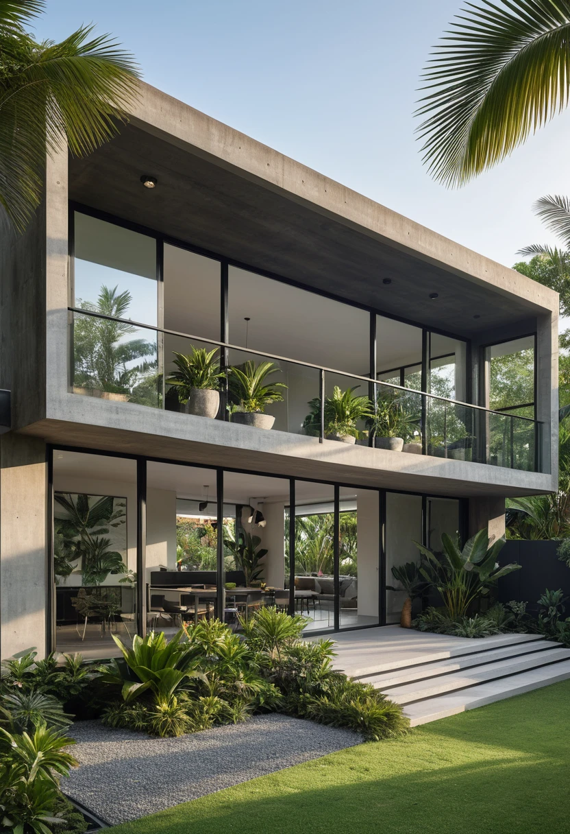 A hyper-realistic image of a modern house with a minimalist design, featuring a combination of concrete and steel materials. The house has a flat roof, large glass windows, and a balcony with a metal railing. The entrance is flanked by lush greenery and palm trees. There is a black metal gate in front and the garden includes various tropical plants. The overall ambiance is serene and contemporary, with detailed textures and realistic lighting, shadows, and reflections. The colors are muted and industrial, showcasing the raw beauty of the materials and the surrounding environment. The lighting is cool and gives a modern urban vibe.
