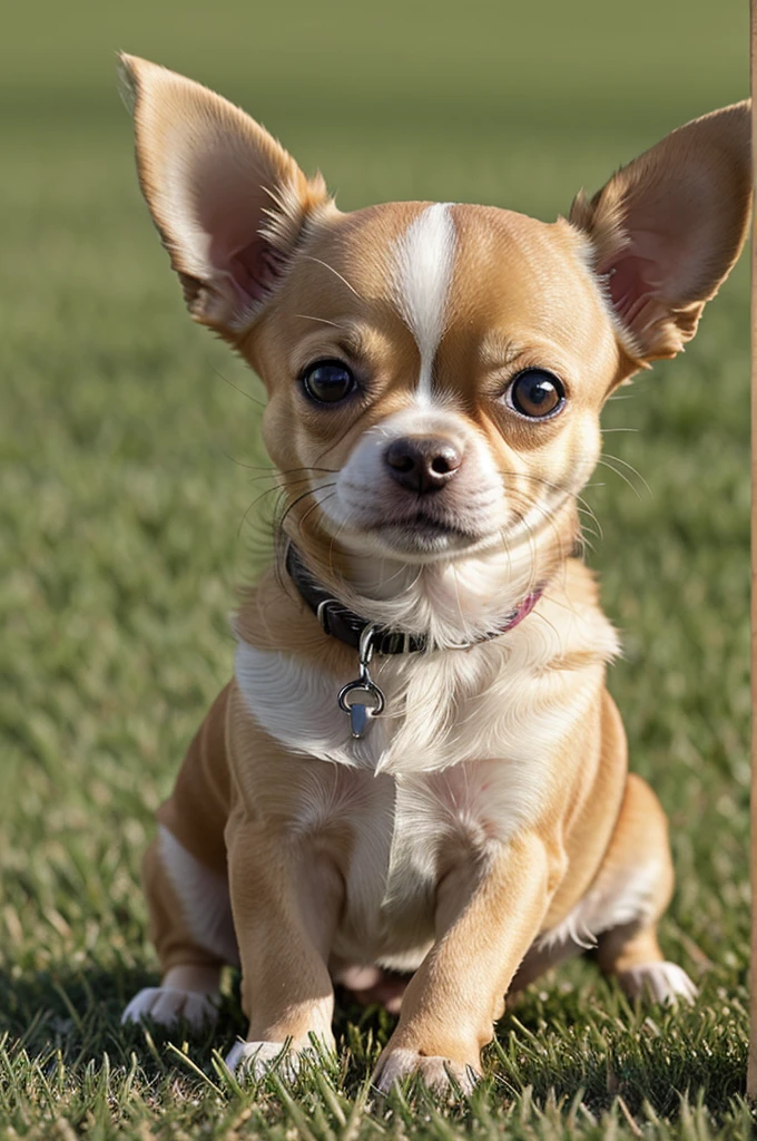 Imagine an adorable Chihuahua dog, drawn with childish strokes. The Chihuahua has rounded, floppy ears., big and bright eyes, and a small pointy nose. Its fur is short and soft, with a light brown color dotted with darker spots to give it texture. He is depicted with a friendly smile and a long, energetic tail that curves upward.. In the background, you can add details like a bright green grass.