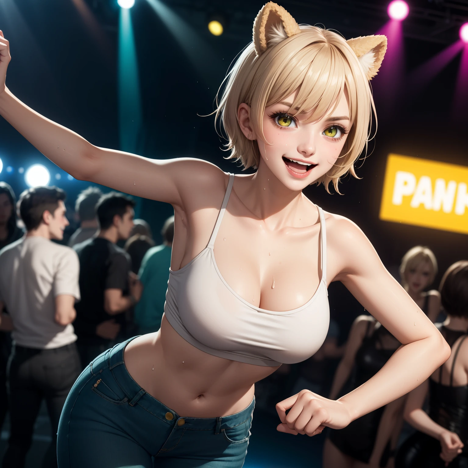  woman 24 years old,  happy smile open mouth, short ash blonde hair, short hair, bear ears, amber yellow eyes, short hair, mischievous smile, big breasts,  low-cut green tops, pantheons skinny jeans, he is dancing in a nightclub, background a disco. sweaty body. perfect hands. 1 single woman.