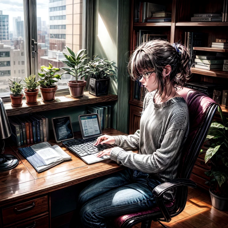 A person sitting at a desk, working on a laptop. The desk has a cup of coffee, some books, and a potted plant. The background is a cozy home office with warm lighting.
