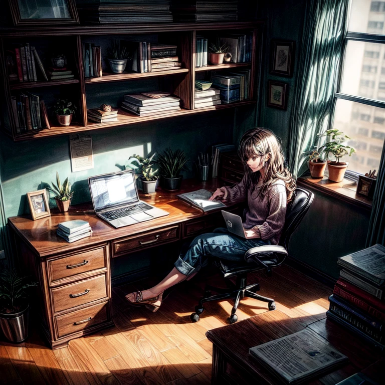 A person sitting at a desk, working on a laptop. The desk has a cup of coffee, some books, and a potted plant. The background is a cozy home office with warm lighting.