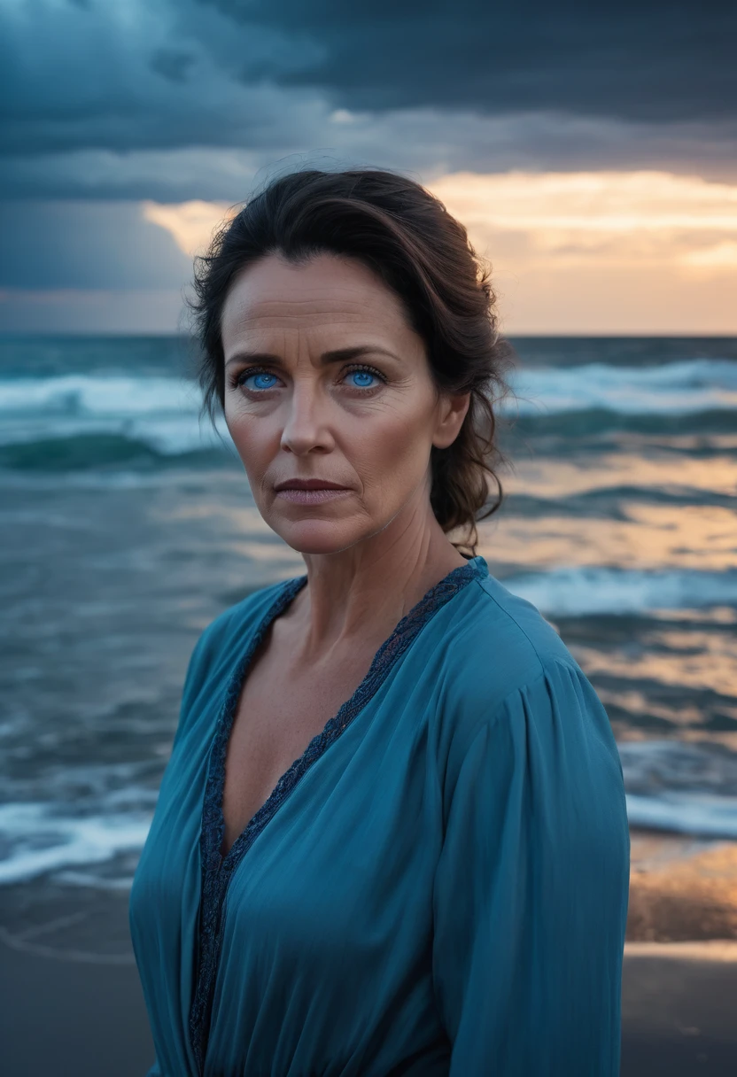 A middle-aged woman with cloudy blue eyes, stared blankly ahead with a sad expression on her face. He stands alone on the shore in a cloudy twilight, where the colors of the sky and sea create a feeling of loneliness and sorrow. The details of his facial expression show deep emptiness and sadness. This image is rendered in high resolution with dimensions of 6465 x 4301 pixels.