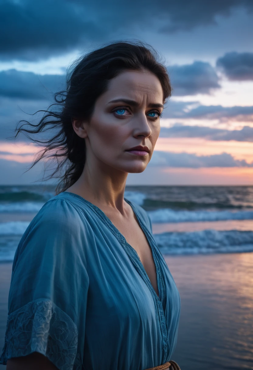 A middle-aged woman with cloudy blue eyes, stared blankly ahead with a sad expression on her face. He stands alone on the shore in a cloudy twilight, where the colors of the sky and sea create a feeling of loneliness and sorrow. The details of his facial expression show deep emptiness and sadness. This image is rendered in high resolution with dimensions of 6465 x 4301 pixels.