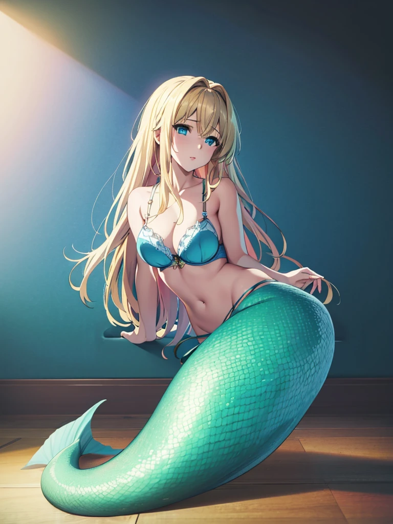 violet evergarden, mermaid, underwater, masterpiece, best quality, 1girl, solo, blonde hair, long hair blue eyes, large breasts, bra, looking at viewer, green mermaid tail,