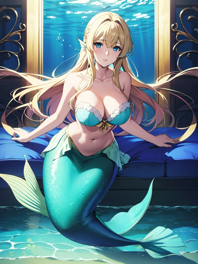 violet evergarden, mermaid, underwater, masterpiece, best quality, 1girl, solo, blonde hair, long hair blue eyes, large breasts, bra, looking at viewer, green mermaid tail,