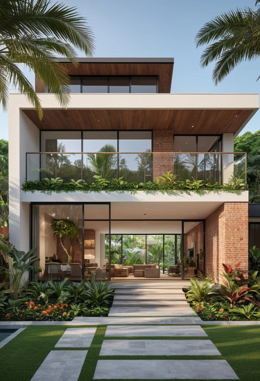 A hyper-realistic image of a modern house with a minimalist design, featuring a combination of brick and glass materials. The house has a flat roof, large glass windows, and a balcony with a glass railing. The entrance is flanked by lush greenery and palm trees. There is a brick wall in front and the garden includes various tropical plants. The overall ambiance is serene and contemporary, with detailed textures and realistic lighting, shadows, and reflections. The colors are warm and earthy, showcasing the natural beauty of the materials and the surrounding environment. The lighting is warm and gives a cozy evening feel.