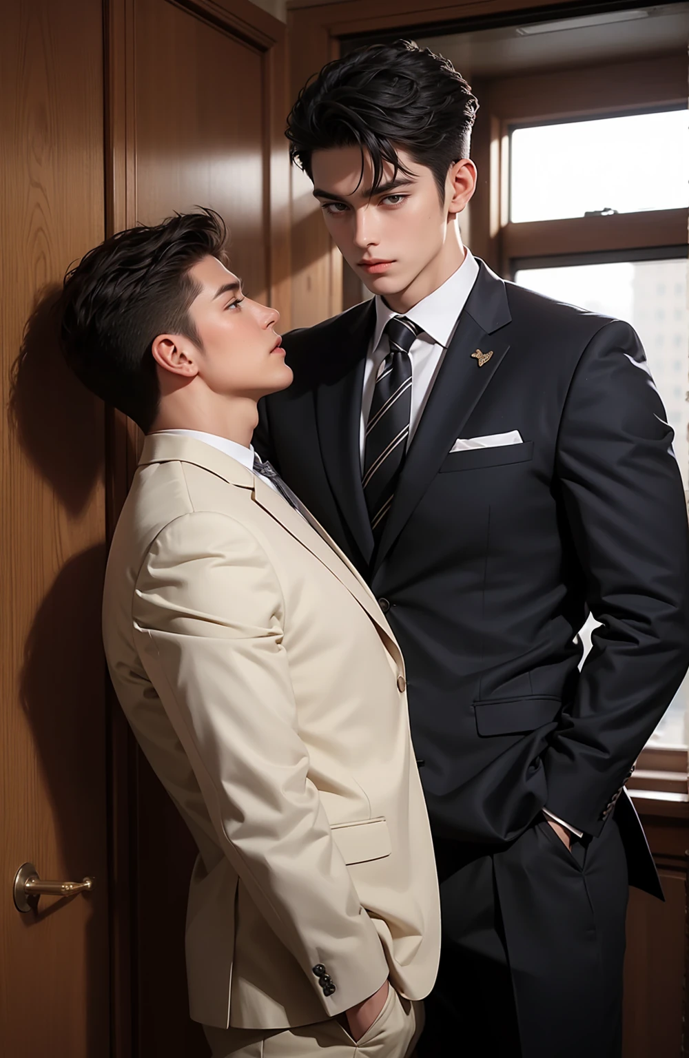 1man,1boy,muscualr,black hair,brown eyes, trained, suit
