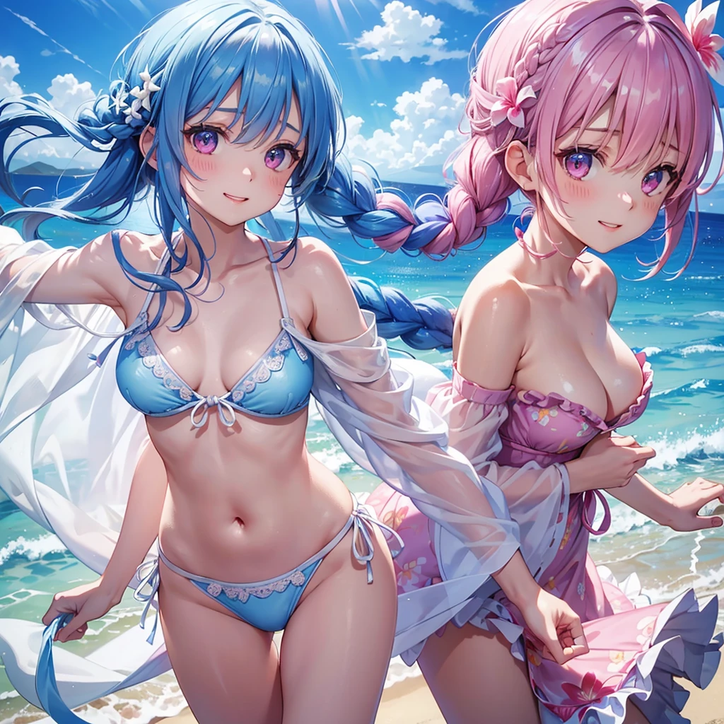 (Sky blue medium hair),(Braided hair tied together)、Pink eyes、Fair skin、(whole body)、(One Girl)、bikini、Shining white sand beach in midsummer、Hawaiian Ocean、Aloha Pose、A happy smile、、(masterpiece、Highest quality、Very detailed、Best Shadow)、(Detailed Background)、(Beautifully detailed face)、High contrast、(Best lighting、Very delicate and beautiful)、((Cinematic Light))、colorful、Hyper Detail、Dramatic Light、Exquisite detail、Standing with your legs apart